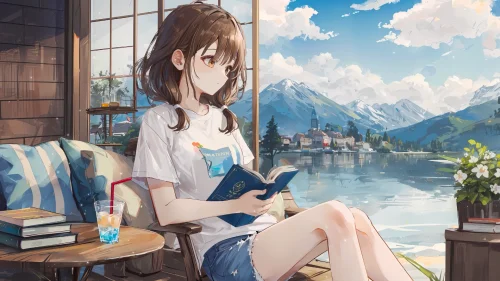 Tranquil Lakeside Reading – Cozy Anime Girl Live Wallpaper