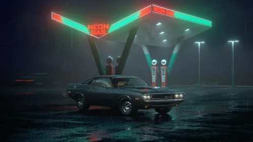Neon Gas Station 4K Live Wallpaper – Rainy Night Drive with Classic Car