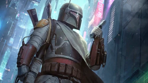Boba Fett 4K live wallpaper – armed Mandalorian in cyberpunk Star Wars city