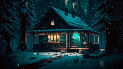 Snowy house in magical forest – 4K winter live wallpaper with cozy atmosphere