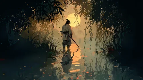 Wandering Samurai at Sunset – Tranquil Bushido Live Wallpaper