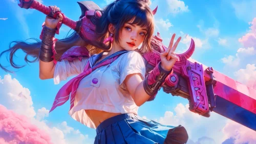 Cyber Anime Schoolgirl Live Wallpaper – Pink Power and Sky Vibes