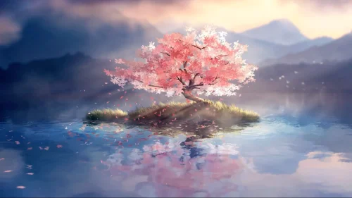 Cherry Lake 4K live wallpaper – animated cherry blossoms and tranquil nature scene