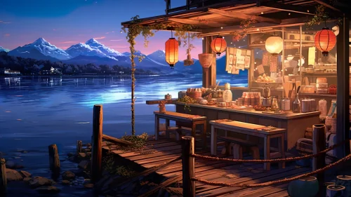 Ramen Shop Live Wallpaper – Cozy Japanese Sunset by the River
