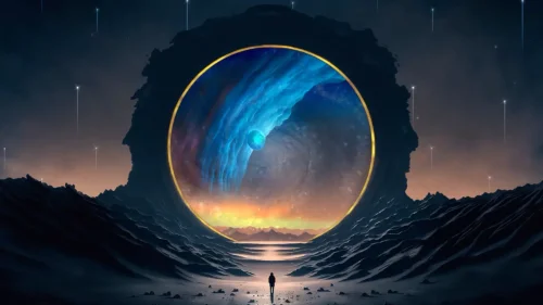 Space portal 4K live wallpaper – cosmic animation with mysterious traveler