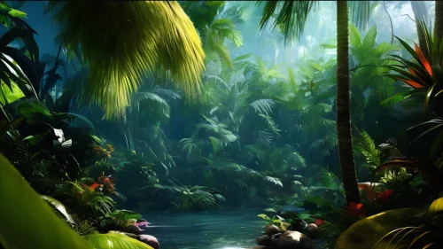 Tropical forest 4K live wallpaper – lush river and palm scene in fantasy nature