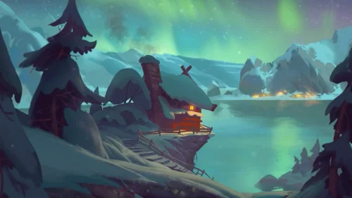 Cozy winter cabin live wallpaper in 4K – snowy aurora borealis scene