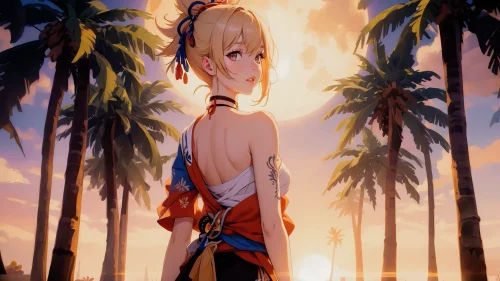 Yoimiya Genshin Impact 4K live wallpaper – sunset festival in Inazuma