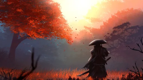 Autumn samurai 4K live wallpaper – lone warrior in animated fall forest