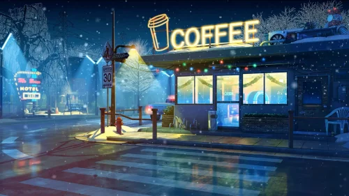 Frozen coffee 4K live wallpaper – snowy winter street with cozy cafe scene