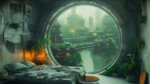 Futuristic city 4K live wallpaper – window view over modern urban skyline