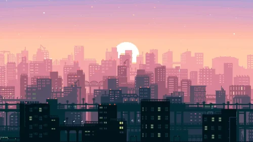 Pixel city 4K live wallpaper – animated sunset over glowing urban skyline