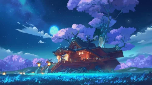 Genshin Impact 4K live wallpaper – Inazuma Shrine with sakura and moonlight