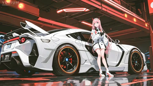 Zero Two and Toyota GR86 4K live wallpaper – anime girl in neon garage