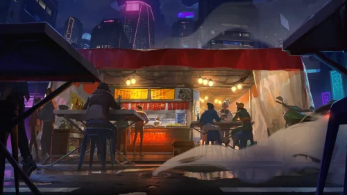 Valorant Night Market Live Wallpaper – Neon Food Stall in Cyberpunk City