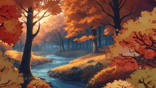 Autumn forest 4K live wallpaper – golden leaves, river, and warm sunlight