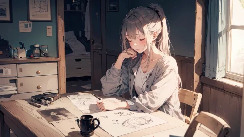 4K anime live wallpaper – peaceful artist room with sunlight and sketches
