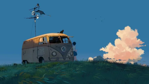 Wanderer's Van Live Wallpaper – Serene Anime Sky & Grass Motion Scene