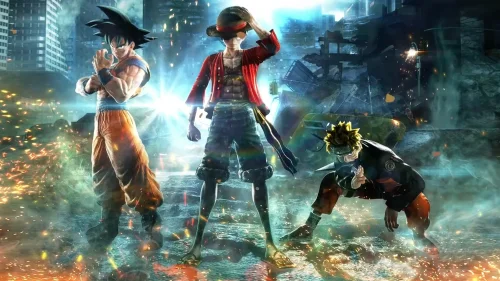 4K anime crossover live wallpaper – Goku, Luffy, and Naruto battle scene