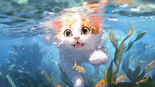 Swimming cat 4K live wallpaper – adorable animated scene with playful kitty