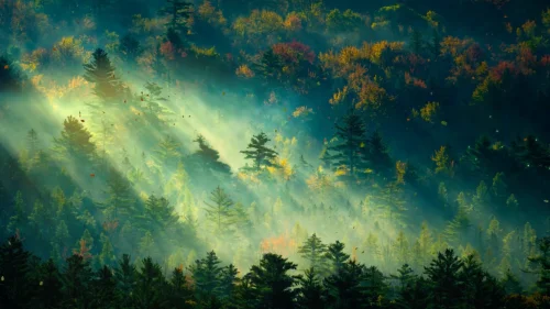 4K live wallpaper with sunbeams through a tranquil autumn forest