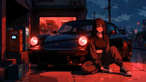 Neon Rain Streets – Animated Anime Girl & Porsche Live Wallpaper for Desktop