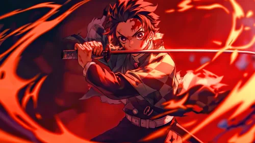Tanjiro Kamado Fire Sword – Demon Slayer Animated Live Wallpaper