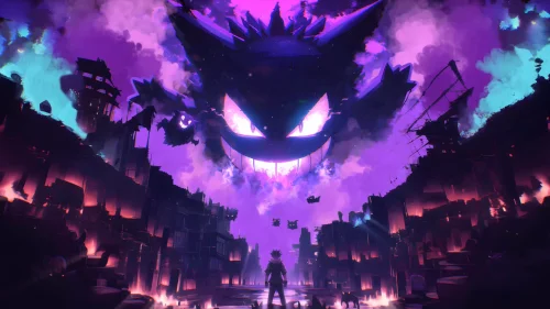 Ghost City Showdown – Gengar-Themed Anime Live Wallpaper for Desktop