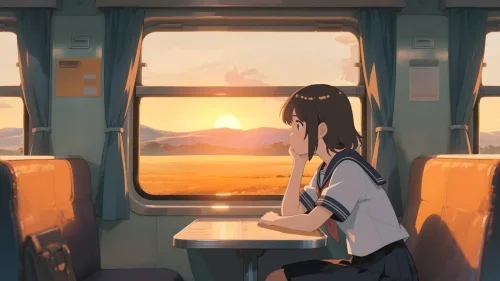 Anime Girl Train Ride – Sunset Journey Live Wallpaper