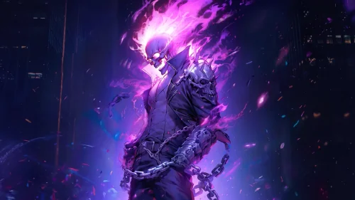 Neon Flame Reaper Live Wallpaper – Futuristic Skull Warrior in Purple Fire
