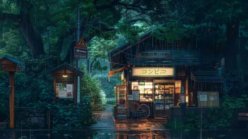 Rainy Japanese Countryside Store – Animated Ghibli-Style Live Wallpaper