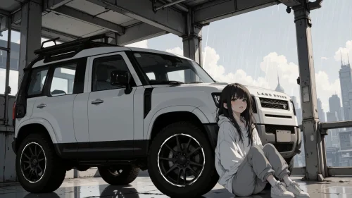 Anime Girl and Land Rover – Cinematic Rainy Urban 4K Live Wallpaper