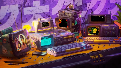 Retro Futuristic Gaming Desktop – 4K Animated Live Wallpaper for Creators & Gamers