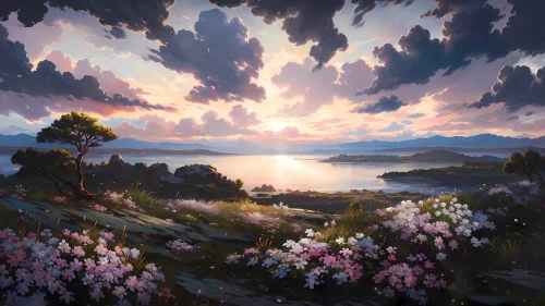 Sunset Serenity Over Wildflower Hills – Live Wallpaper