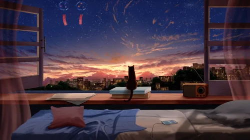 Evening Window View Live Wallpaper – Cozy Anime Sunset with Cat