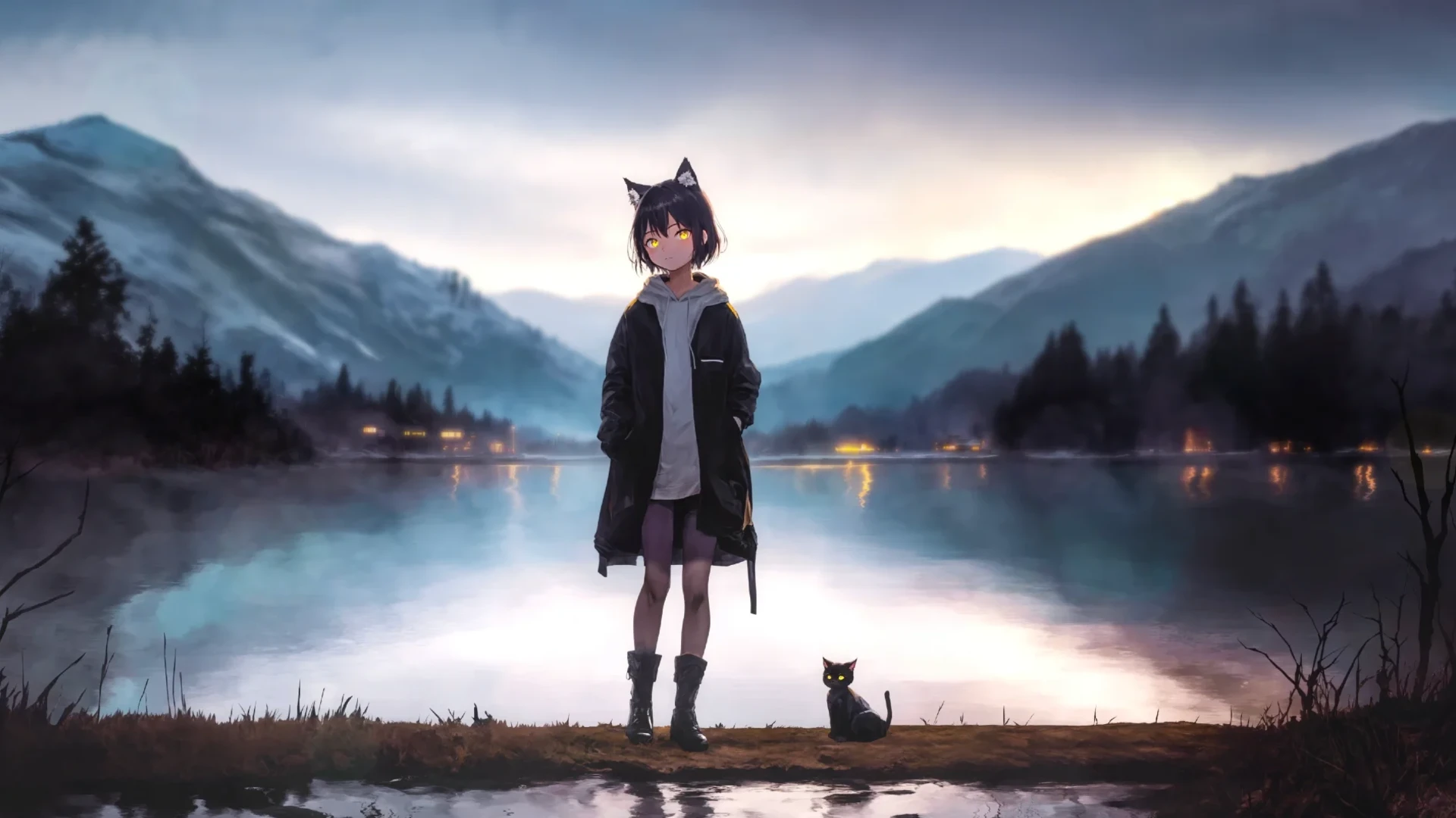 Сat girl on a mountain lake live wallpaper for desktop