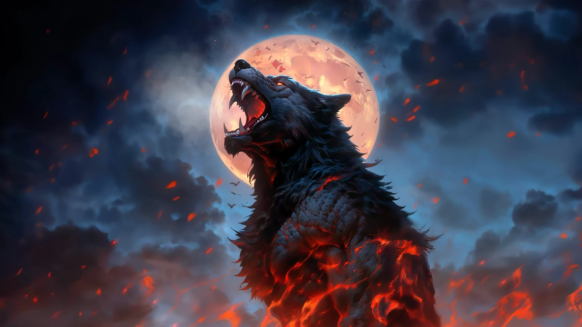 Fire Howling Wolf Under the Blood Moon live wallpaper for desktop