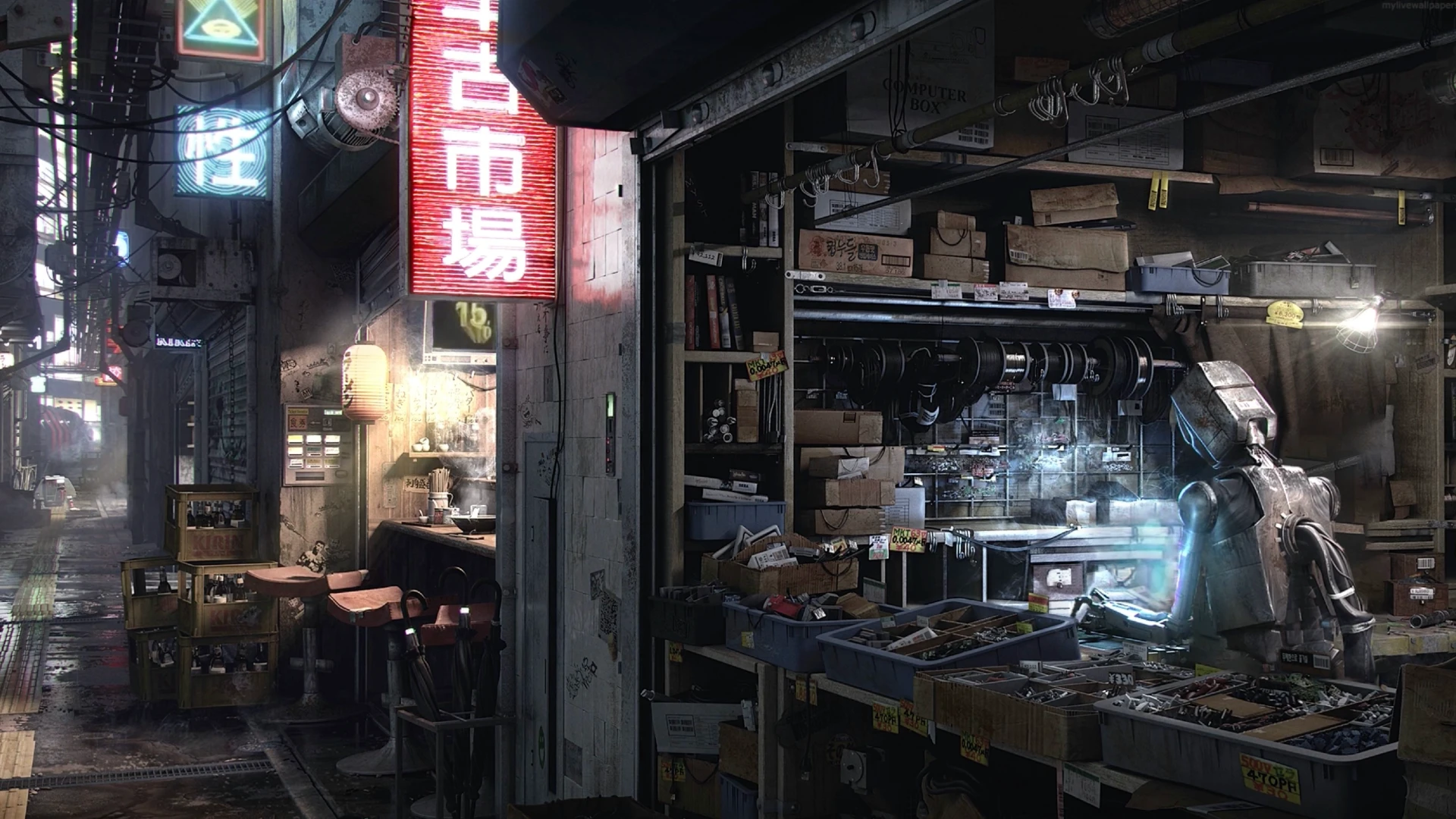 Cyberpunk Alley Robot live wallpaper for desktop