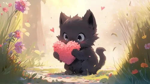 Cute Black Kitten Holding a Heart
