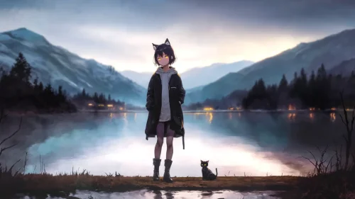 Сat girl on a mountain lake Download Live Wallpaper