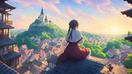 Sunset Over Medieval Town Download Live Wallpaper