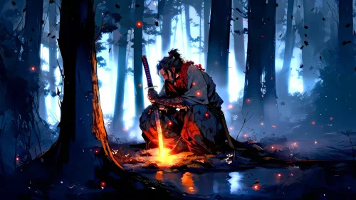 Lone Samurai in Moonlit Forest Download Live Wallpaper