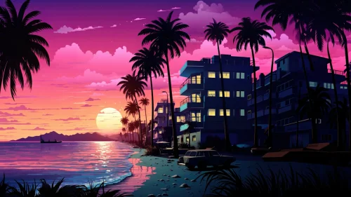 Retrowave Sunset Beach Download Live Wallpaper