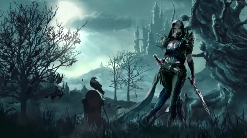 Dark Huntress in a Haunted Landscape Download Live Wallpaper