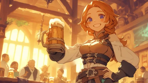 Cheerful Barmaid in a Cozy Medieval Tavern Download Live Wallpaper