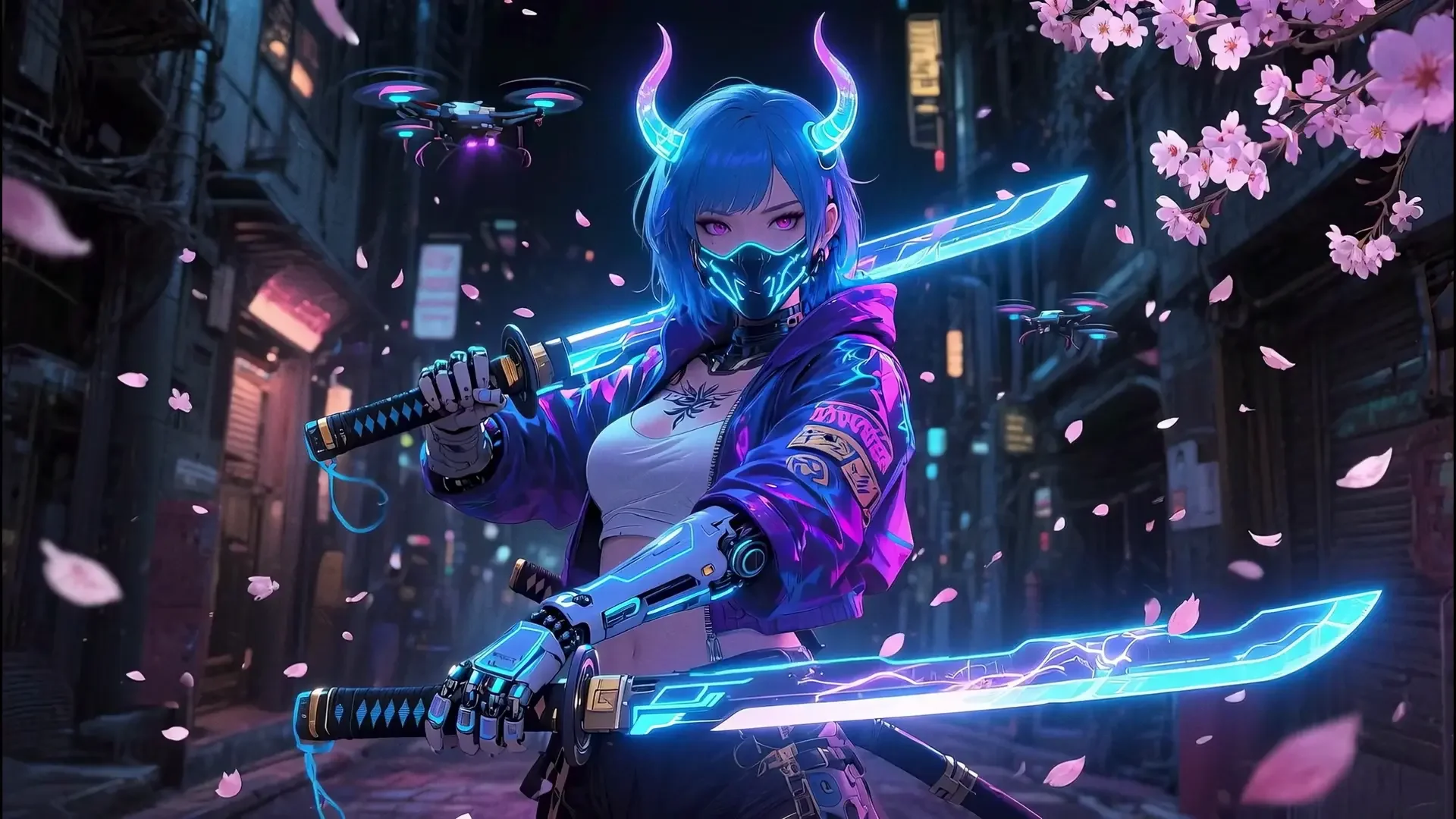 Neon Oni Ronin live wallpaper for desktop