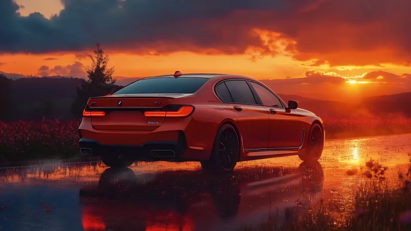Red BMW 7 Series at Sunset