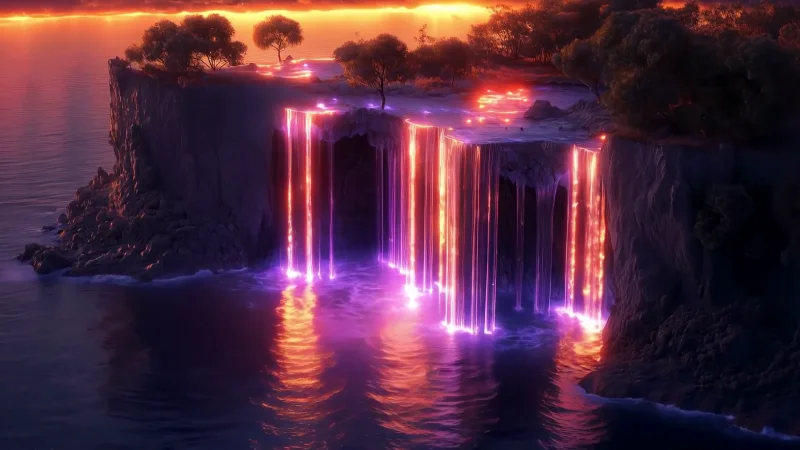 Neon Falls at Sunset