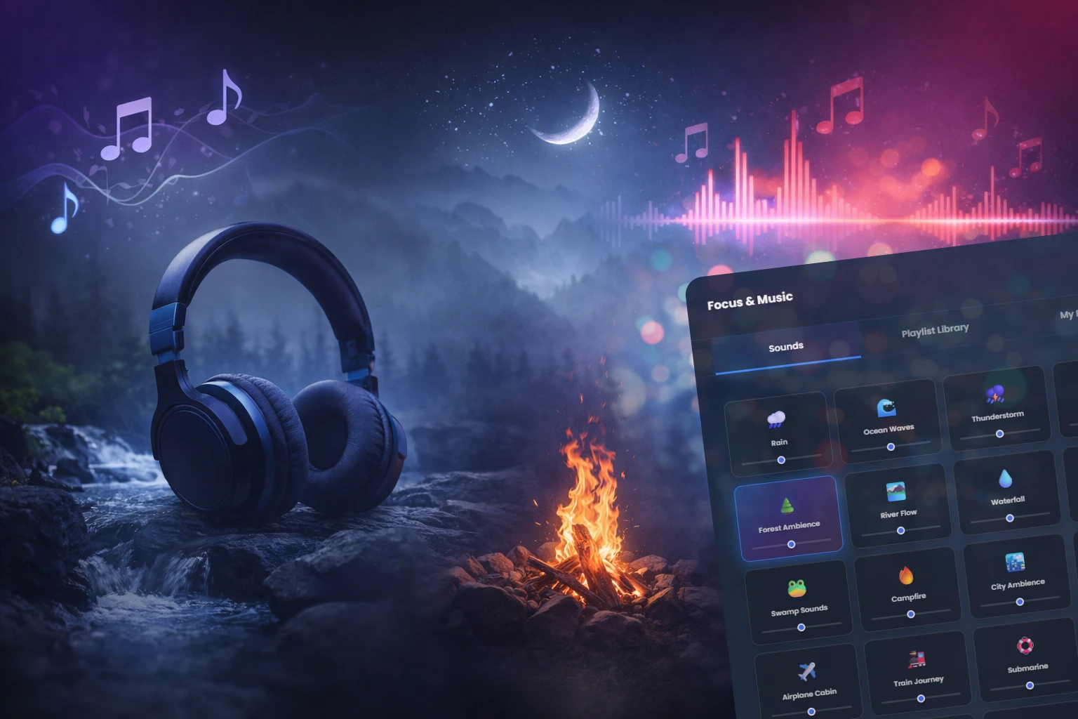 minimalist ambient sounds setup with headphones and relaxing noir atmosphere for concentration