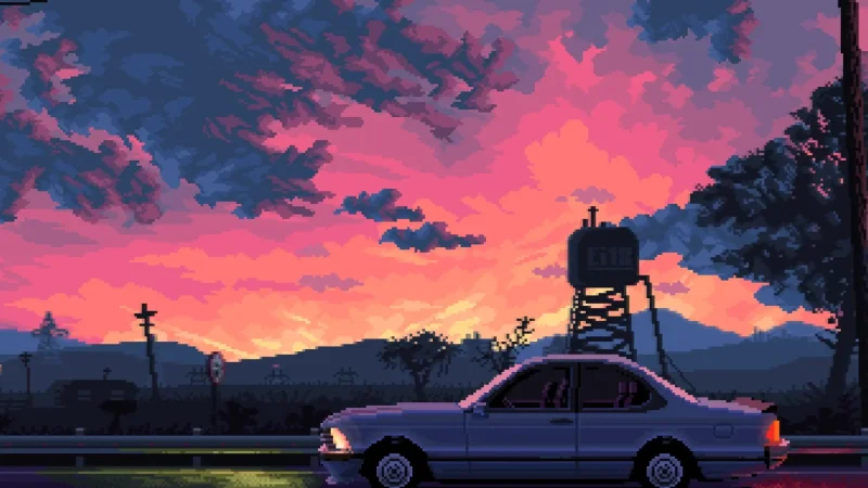 Retro Sunset Pixel Car